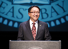 President Morishita giving his convocation speech in Fall 2014