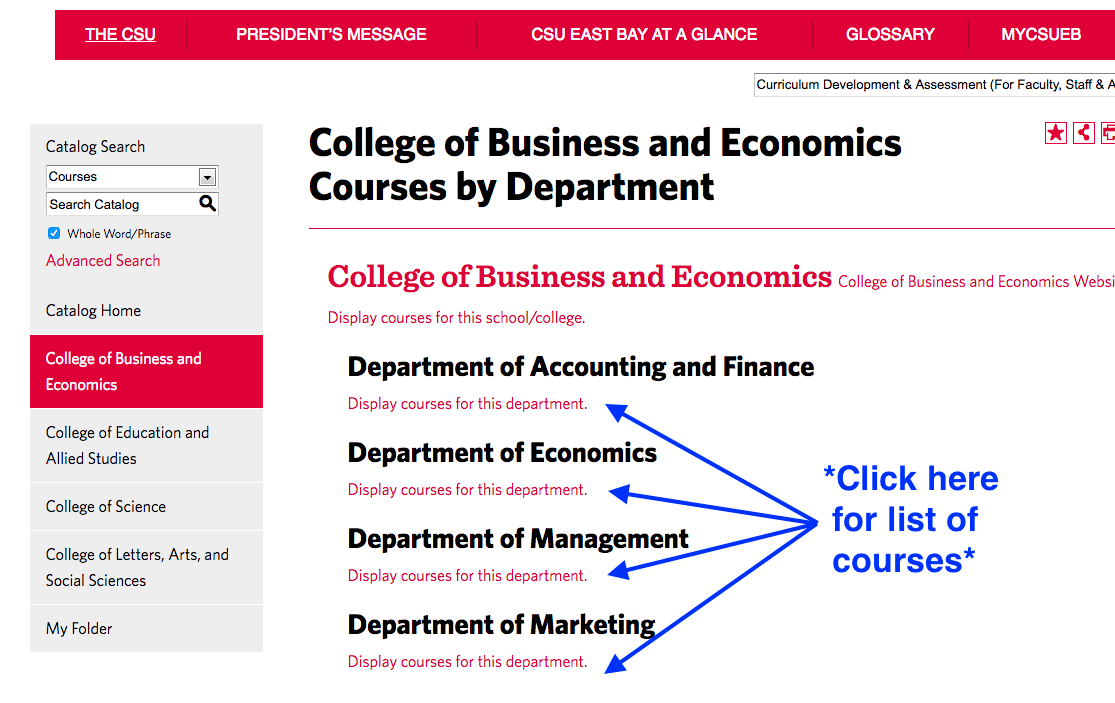 Screenshot of Departments and their links to courses.