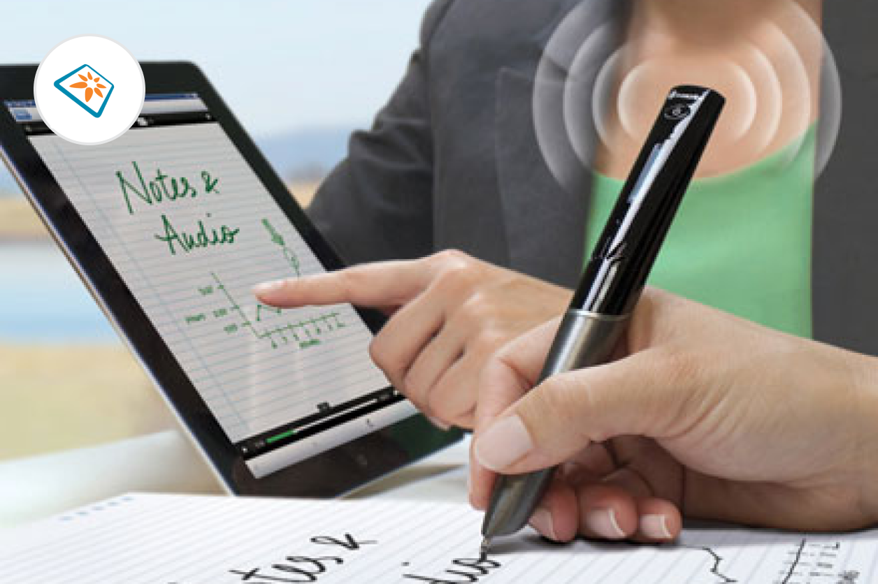 Student using Livescribe Echo smartpen while another points to the handwritten notes syncing to their tablet.