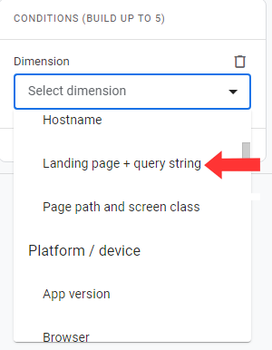 Arrow pointing at dimension Landing page + query string