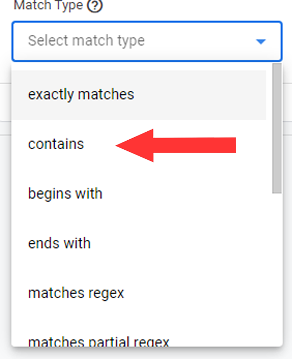 Arrow pointing at match type contains