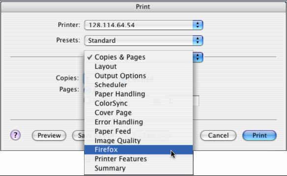 Popup print window with Firefox selected from dropdown option list: Copies and Pastes, Layout, Output Options, Scheduler, Paper Handling, Color Sync, Cover Page, Error Handling, Paper Feed, Image Quality, Firefox, Printer Features and Summary.