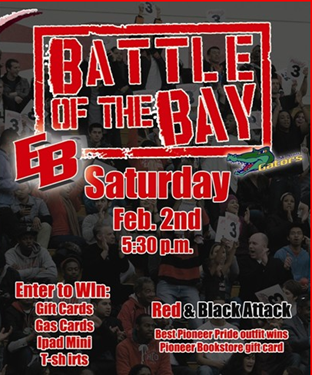 Red and black poster promoting the Battle of the Bay event on Feb. 2.