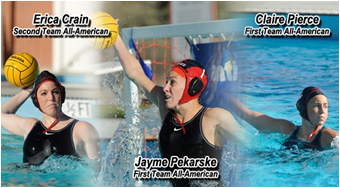 three female playing water polo players