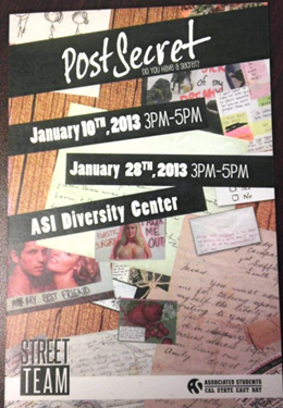 Poster for the PostSecrets event at Cal State East Bay on Jan. 28.