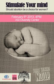 Poster for the Feb. 5 ASI Diversity Center event on abortion. 