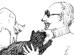Sketch of man with two cats.