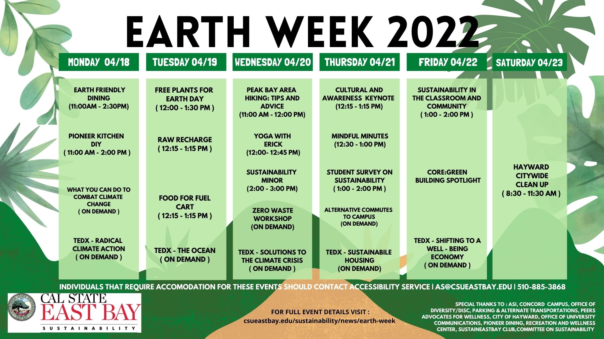 Earth Week Calendar, daily event descriptions below