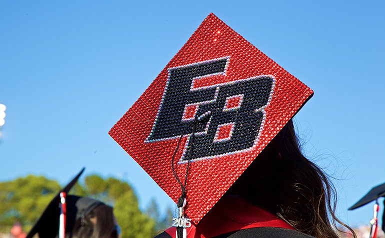 A graduation cap with "EB" jeweled onto the top.