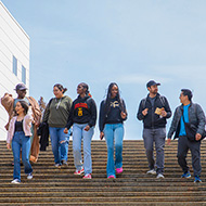 Several students walking down steps side by side