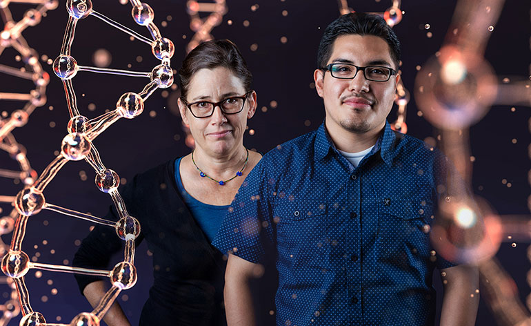 Scientists with DNA graphic in the background