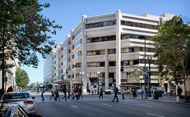 Multistory building in busy downtown area