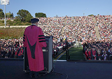 Cal State East Bay President Leroy M. Morishita addresses the new graduates