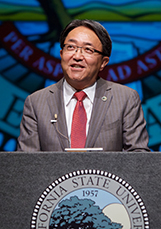 President Morishita giving his convocation speech in Fall 2015