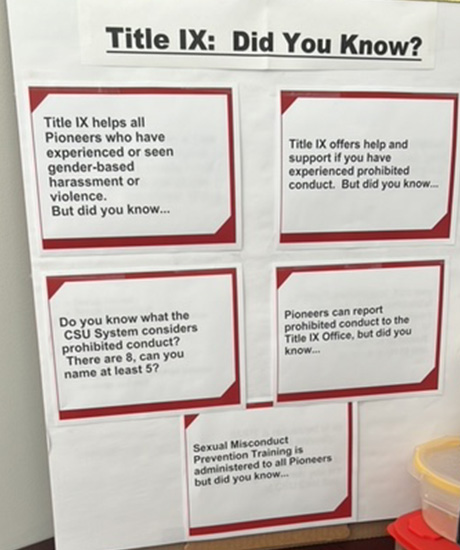 A board with facts about Title IX and DHR.
