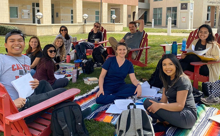 Group of students studying on the grass