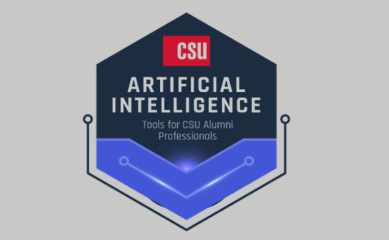 A badge that says "Artificial Intelligence, Tools for CSU Alumni Professionals"