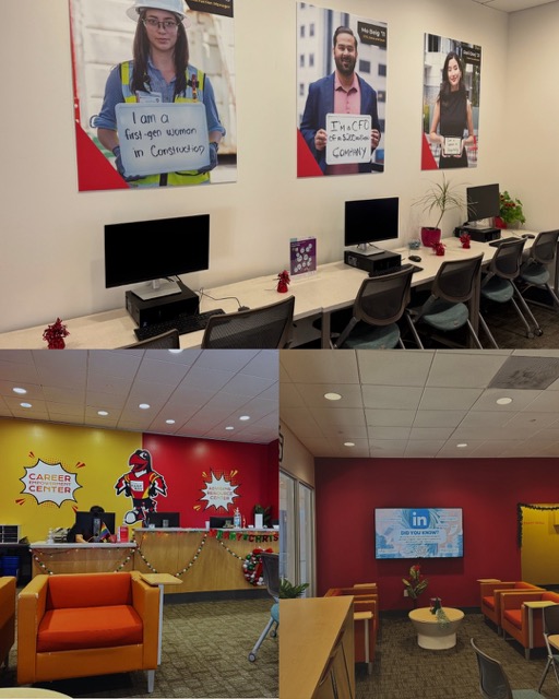 three images of the career empowerment center lobby with computers and chairs set up.
