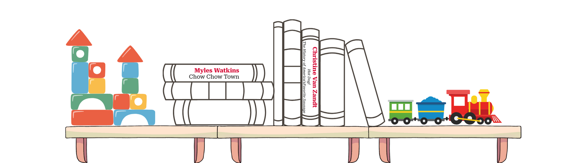 A graphic bookshelf portraying children's books and toys 