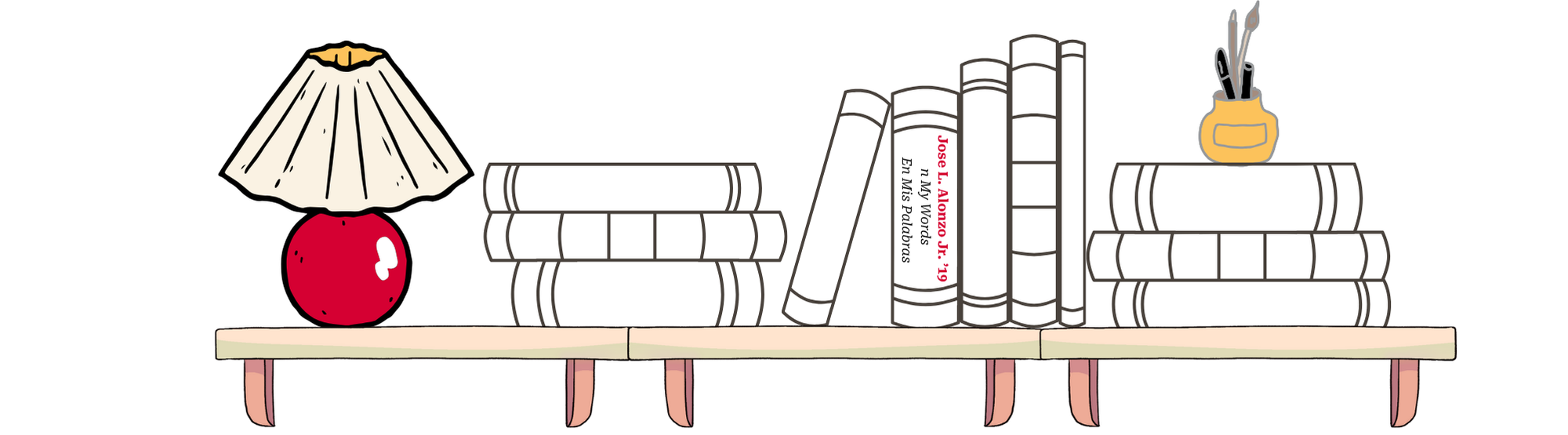 A book shelf with a red lamp and a jar of paint brushes