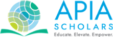 APIA Scholars Logo, geometric circle with open book underneath, words under logo state educate, elevate, and empower.