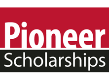 Red and black block background with Pioneer Scholarship in black letters
