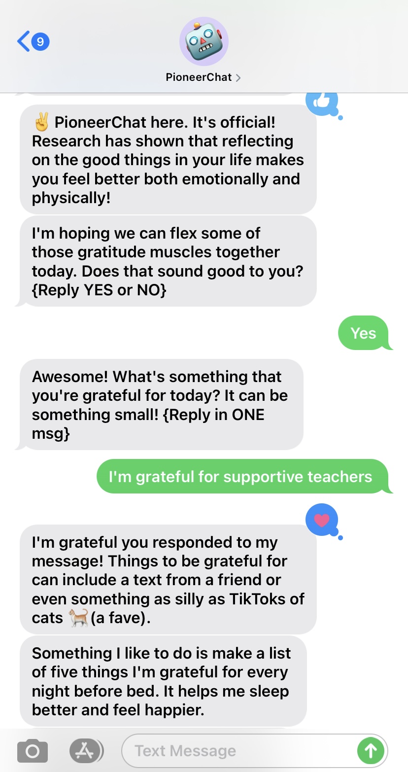 PioneerChat engages student in being grateful