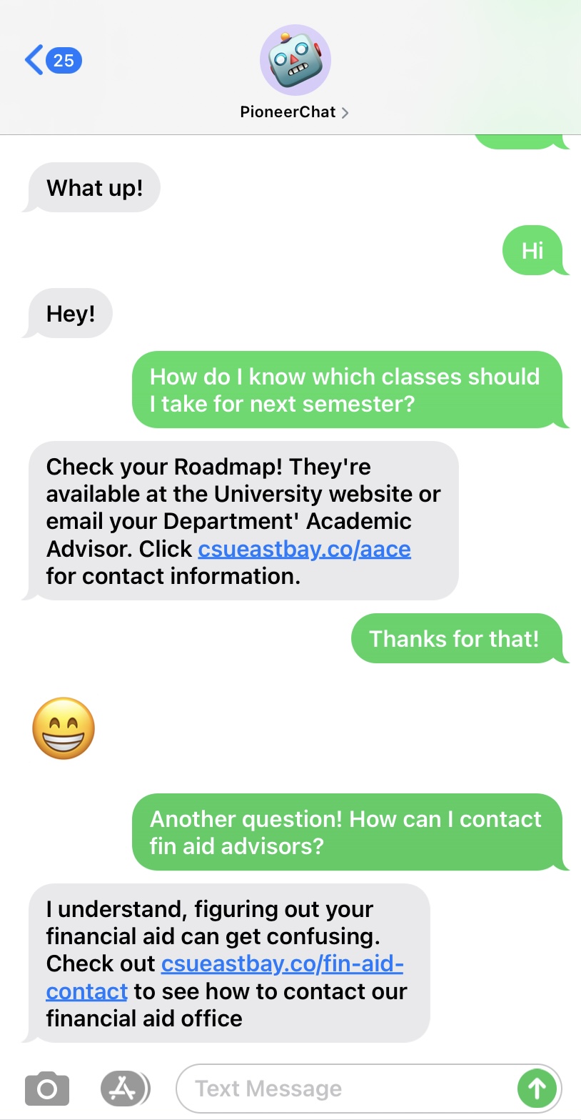 Student texts PioneerChat 2 questions
