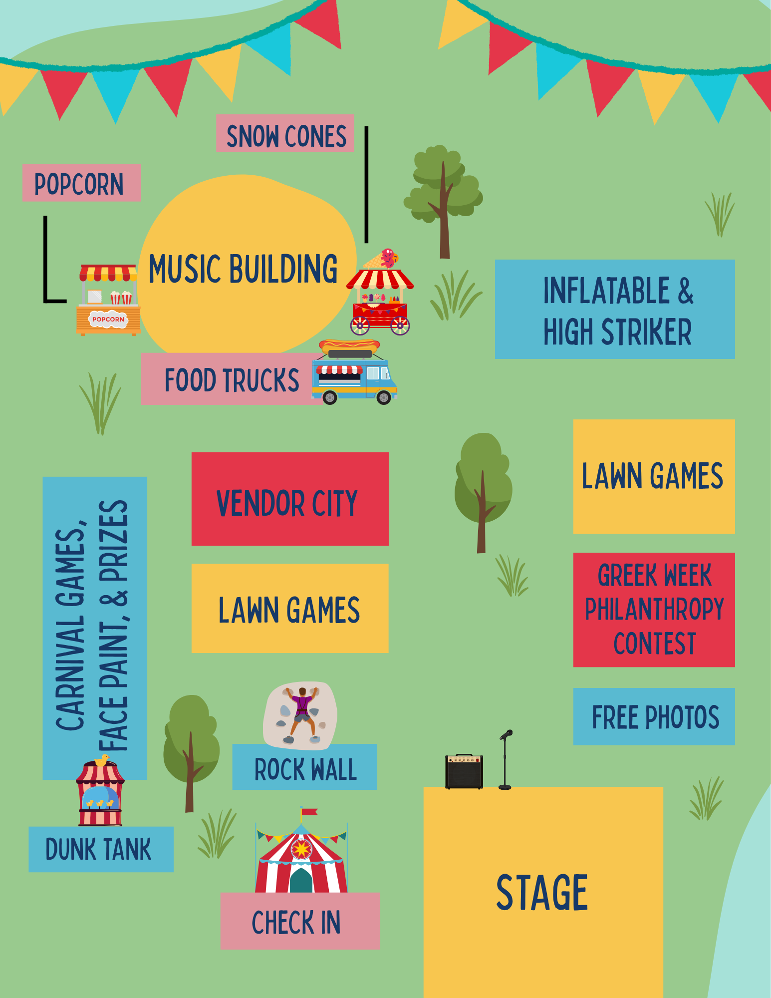 EB Jamboree 2026 event map showing locations of food trucks, games, rides, and the main stage on the north side of campus