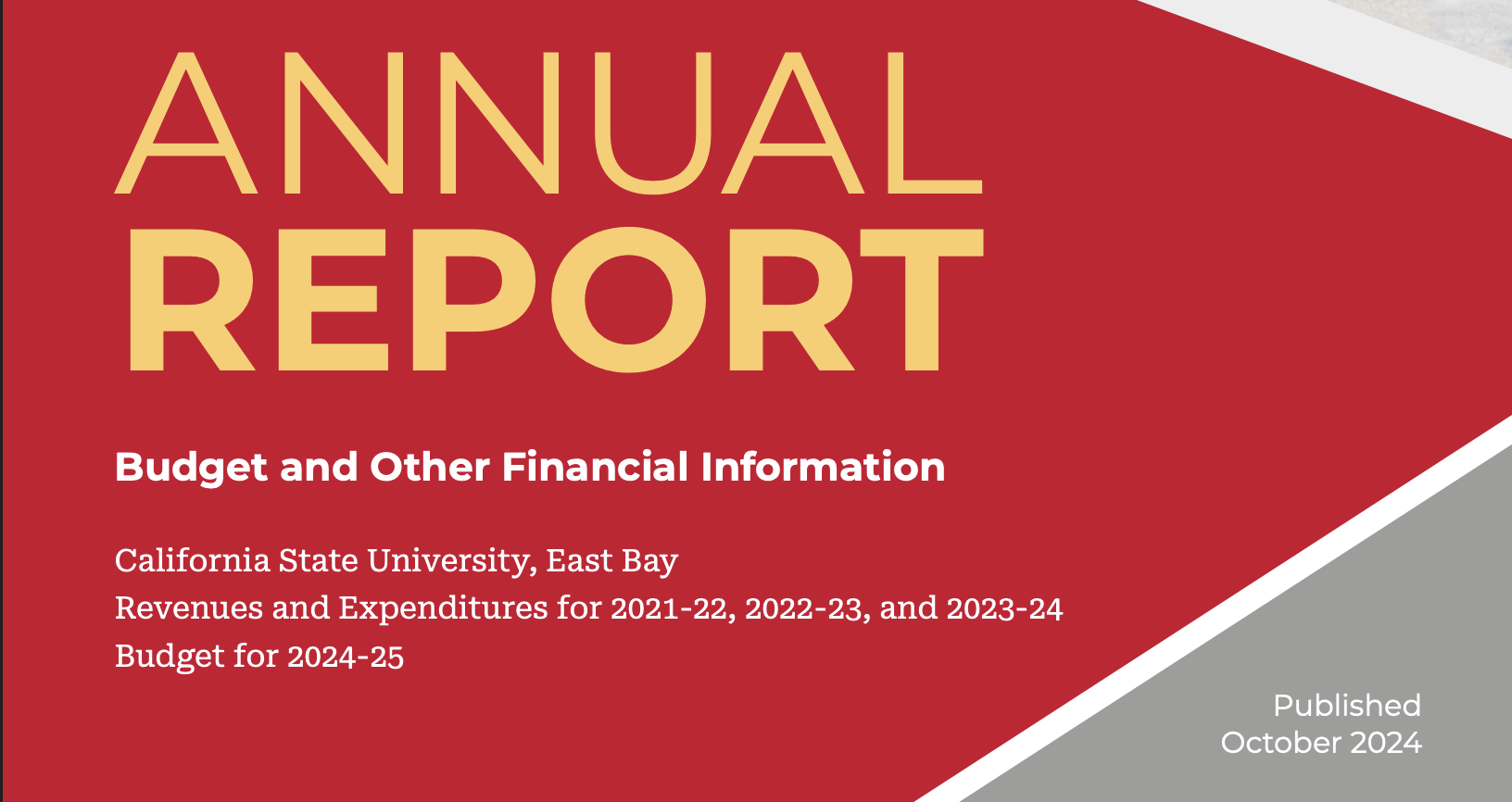 Annual report cover featuring the title, budget information, and publication date for California State University, East Bay.