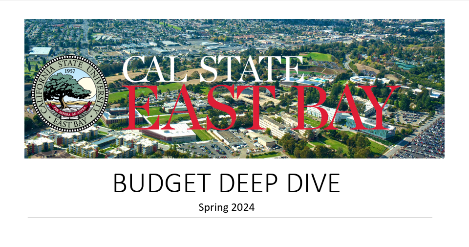 Logo and aerial view of the Cal State East Bay campus, with the text "BUDGET DEEP DIVE" for Spring 2024.