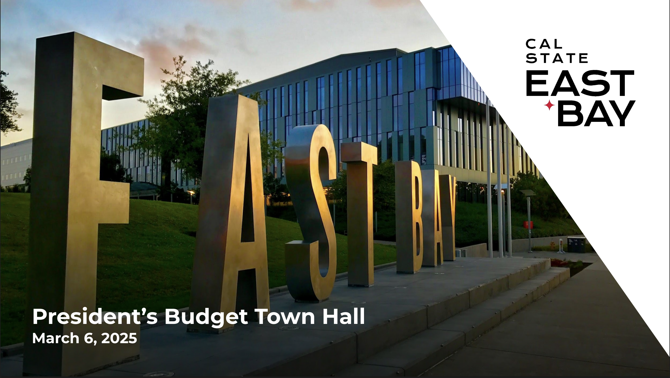 The title page of presentation slides promoting the President's Budget Town Hall on March 6, 2025