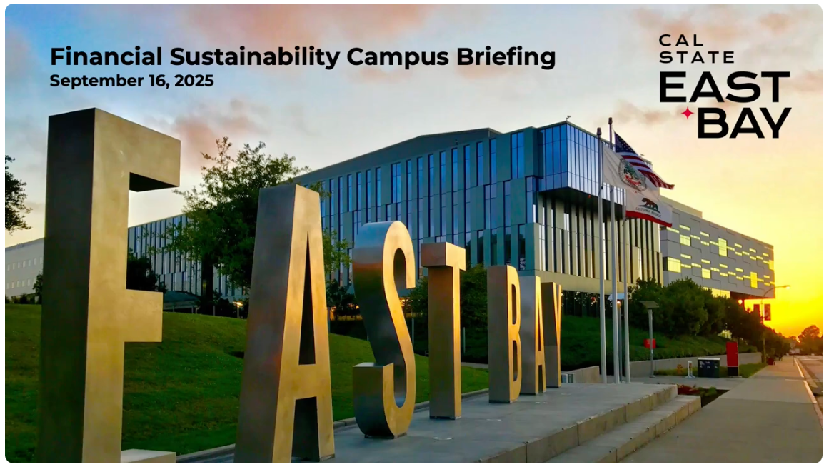 A screenshot of the slide deck cover image that includes the logo for California State University, East Bay, featuring large letters spelling "EAST BAY" in front of a modern campus building.
