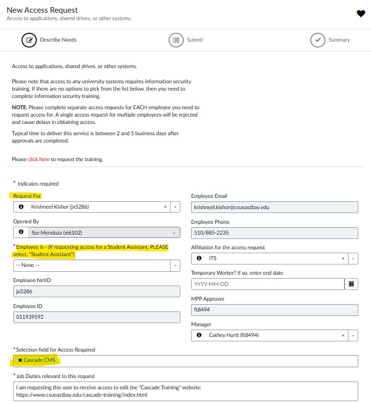 New Access request screen example