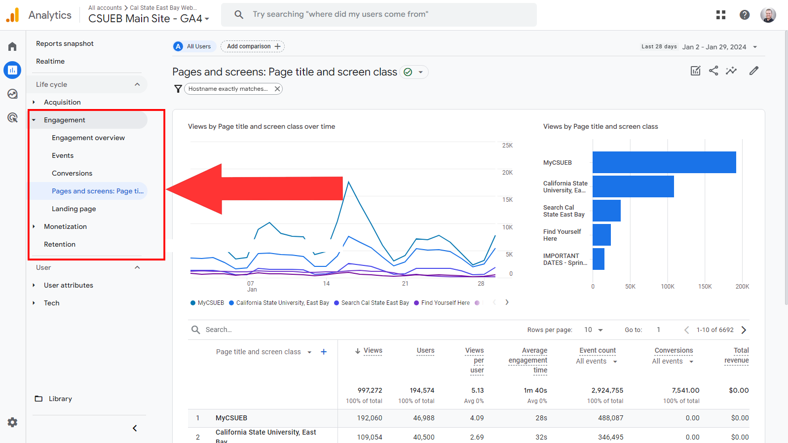 Arrow pointing at pages and screens tab in the report menu