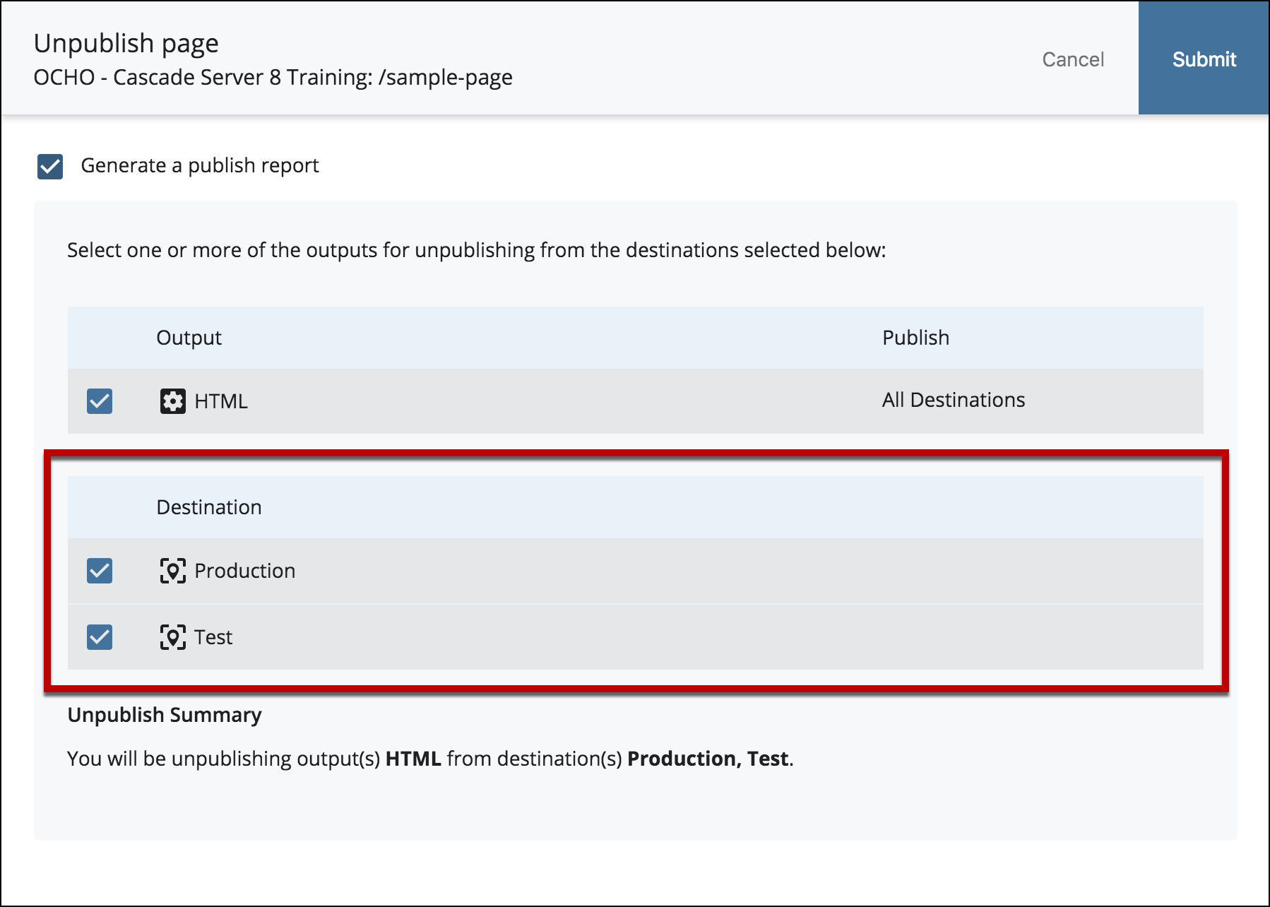 test and production is selected