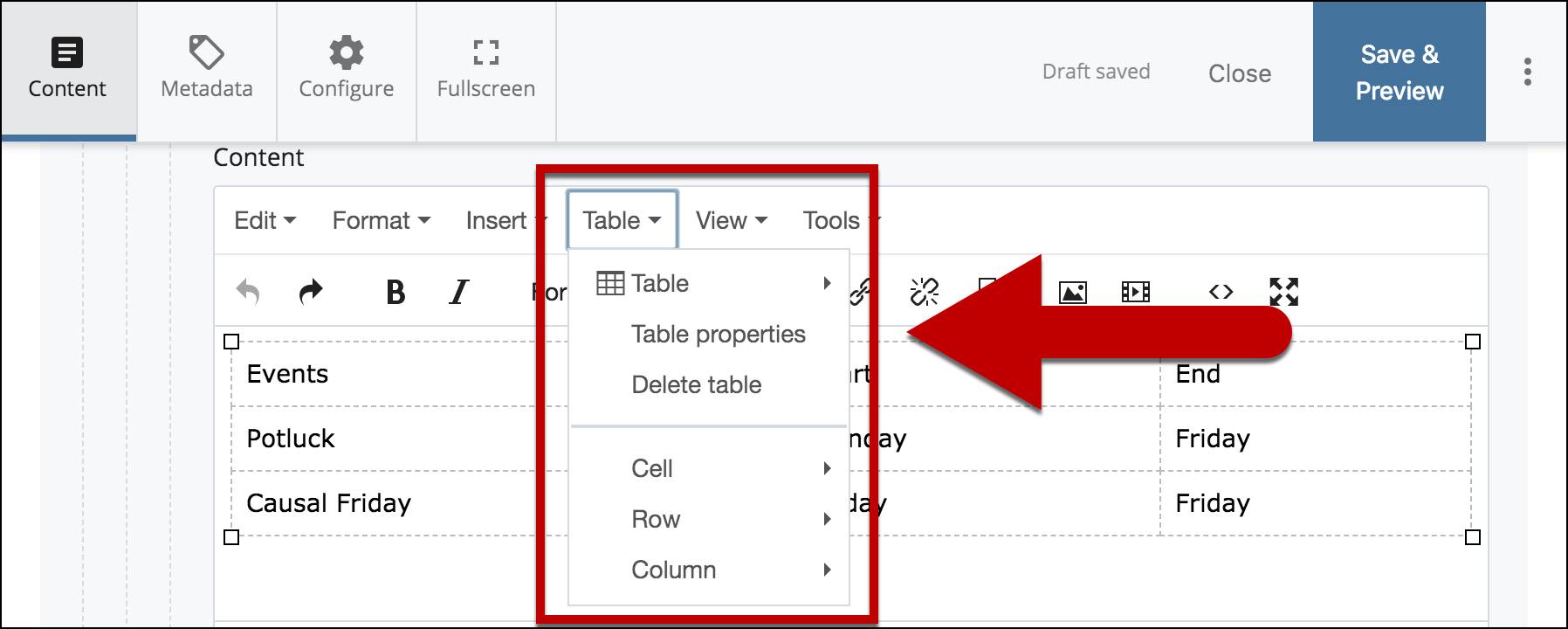 select table properties