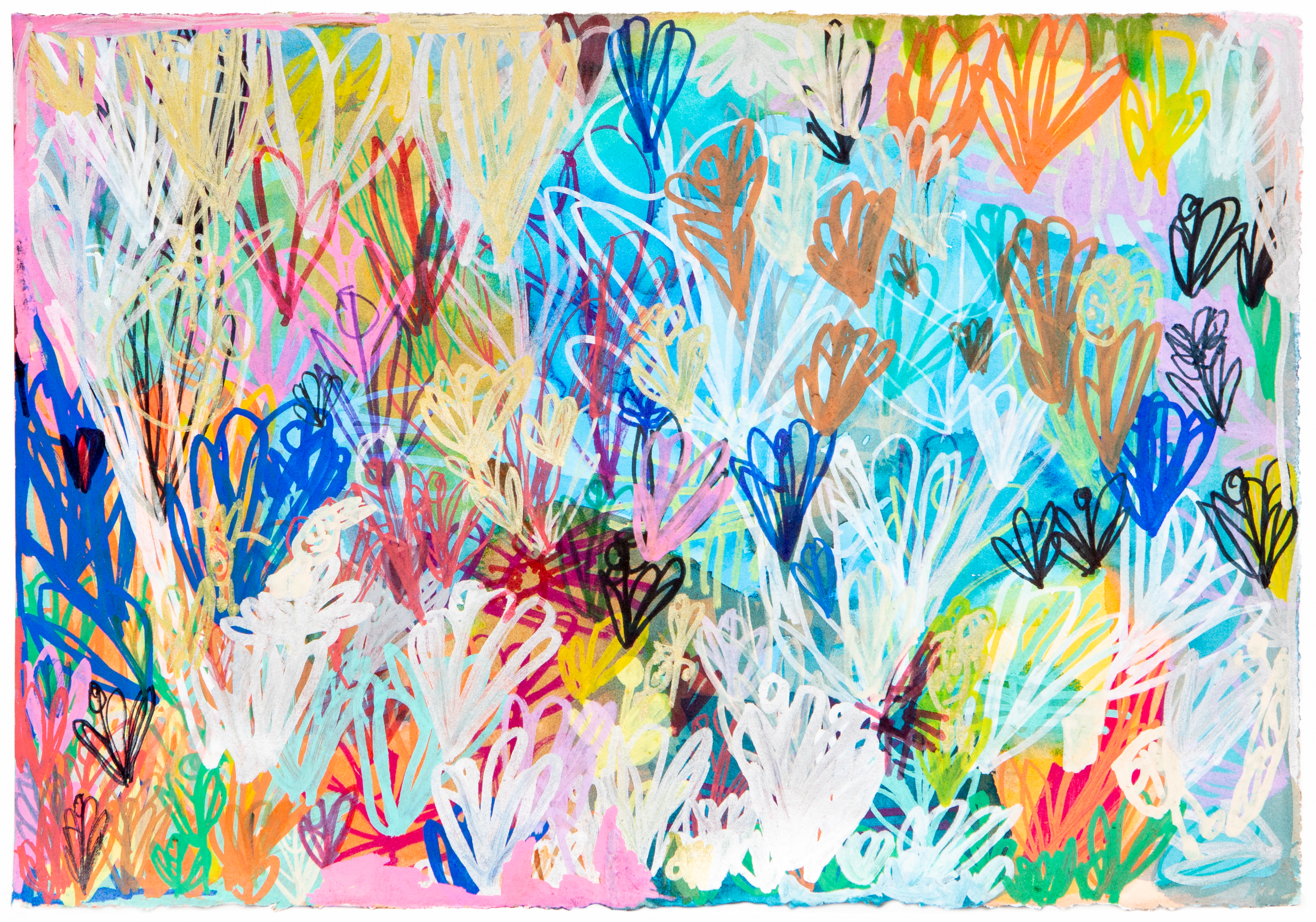 Flower and People SF 65 by Sher-Rod Freeman. Image of red, orange, yellow, green, blue flowers on a pink and blue background.