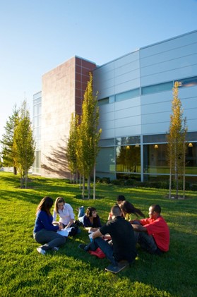  A group of about seven students sitting on the grass in front of a building. They are in a circle and appear to be engaged in a discussion. 