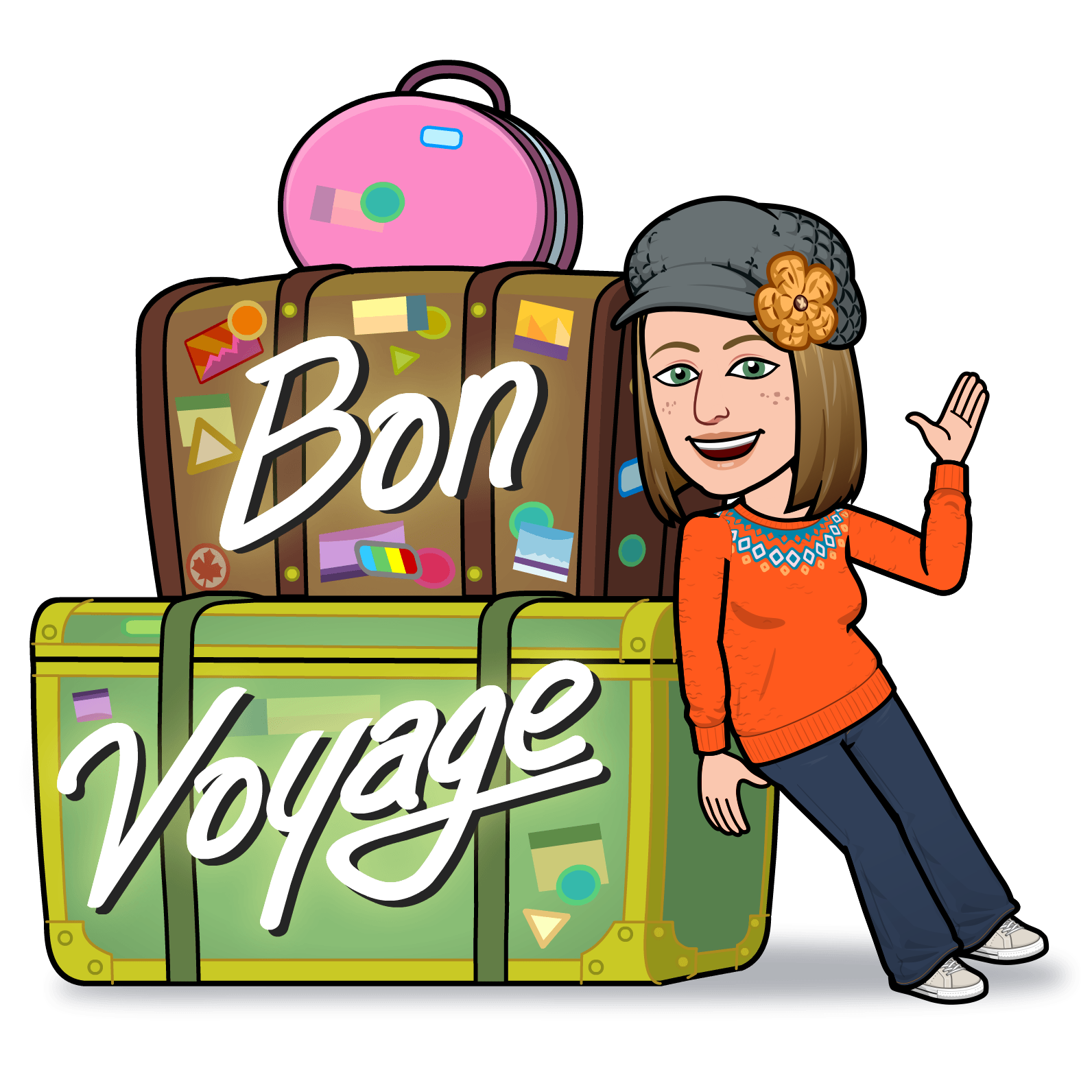 avatar of woman standing next to words "Bon Voyage"