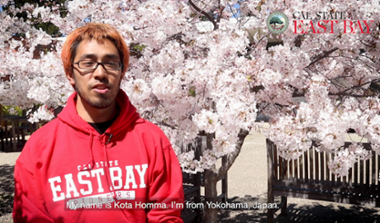 Japanese student in front of cherry blossoms on campus