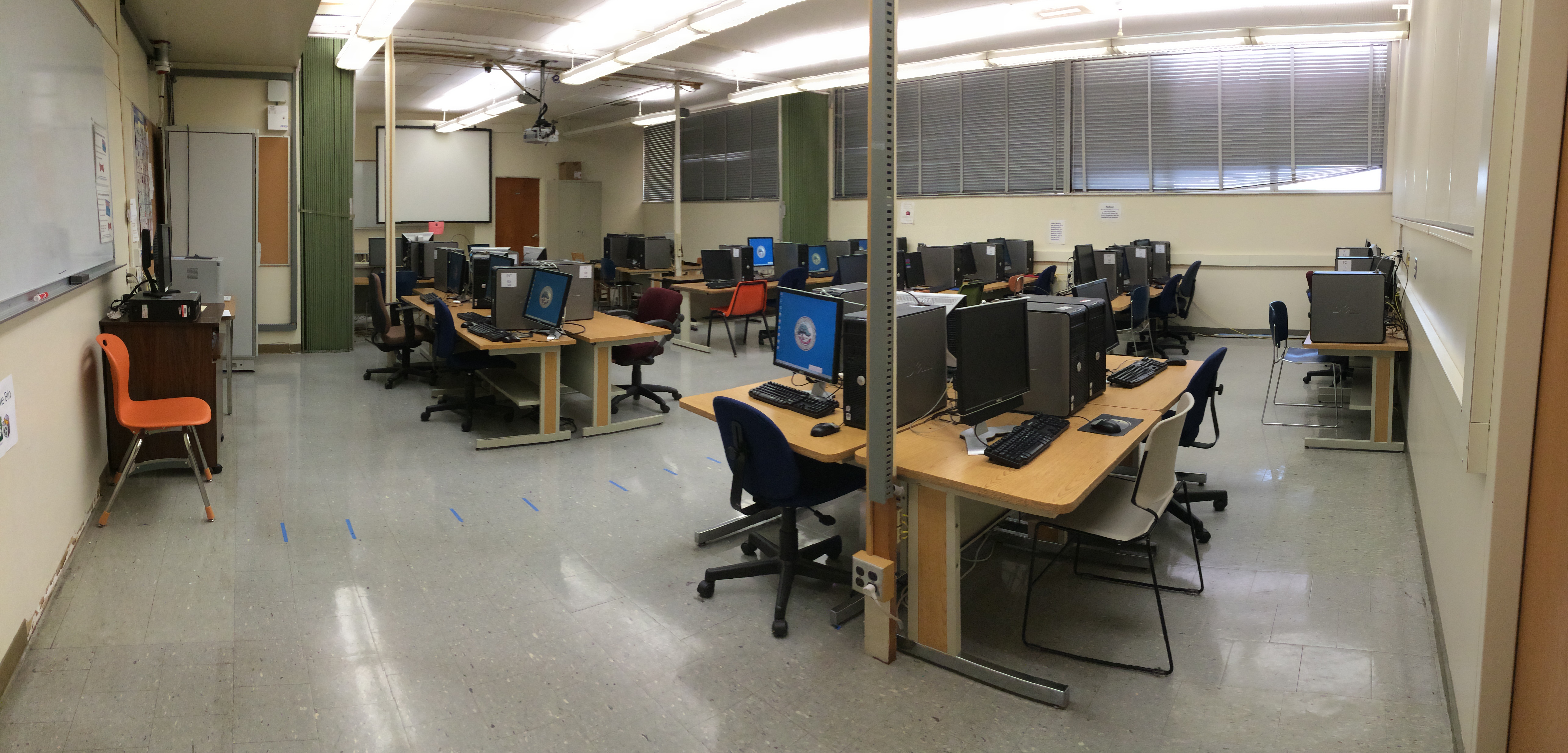Computers and tables lined up in the lab