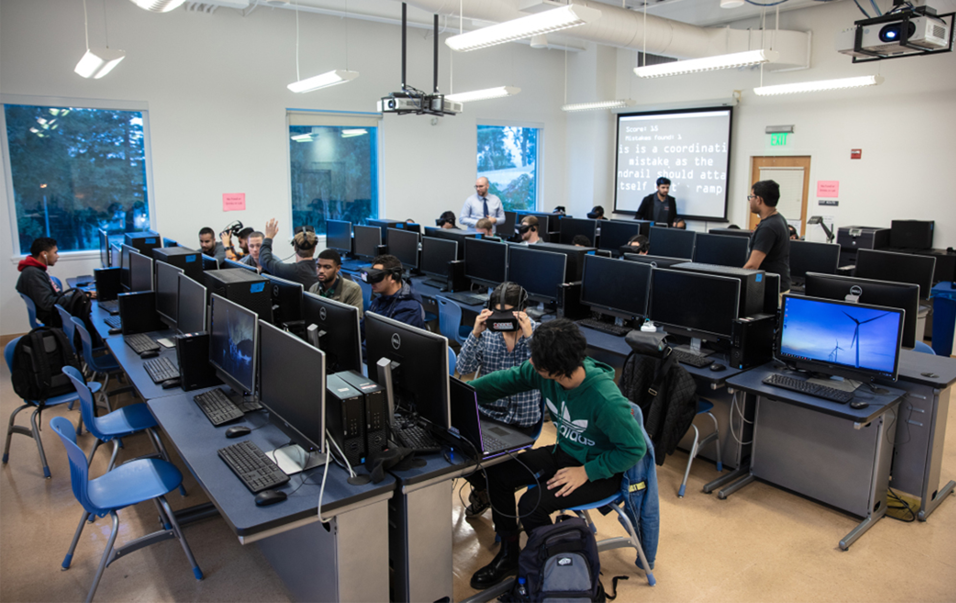 Computer science classroom with students using VR headsets
