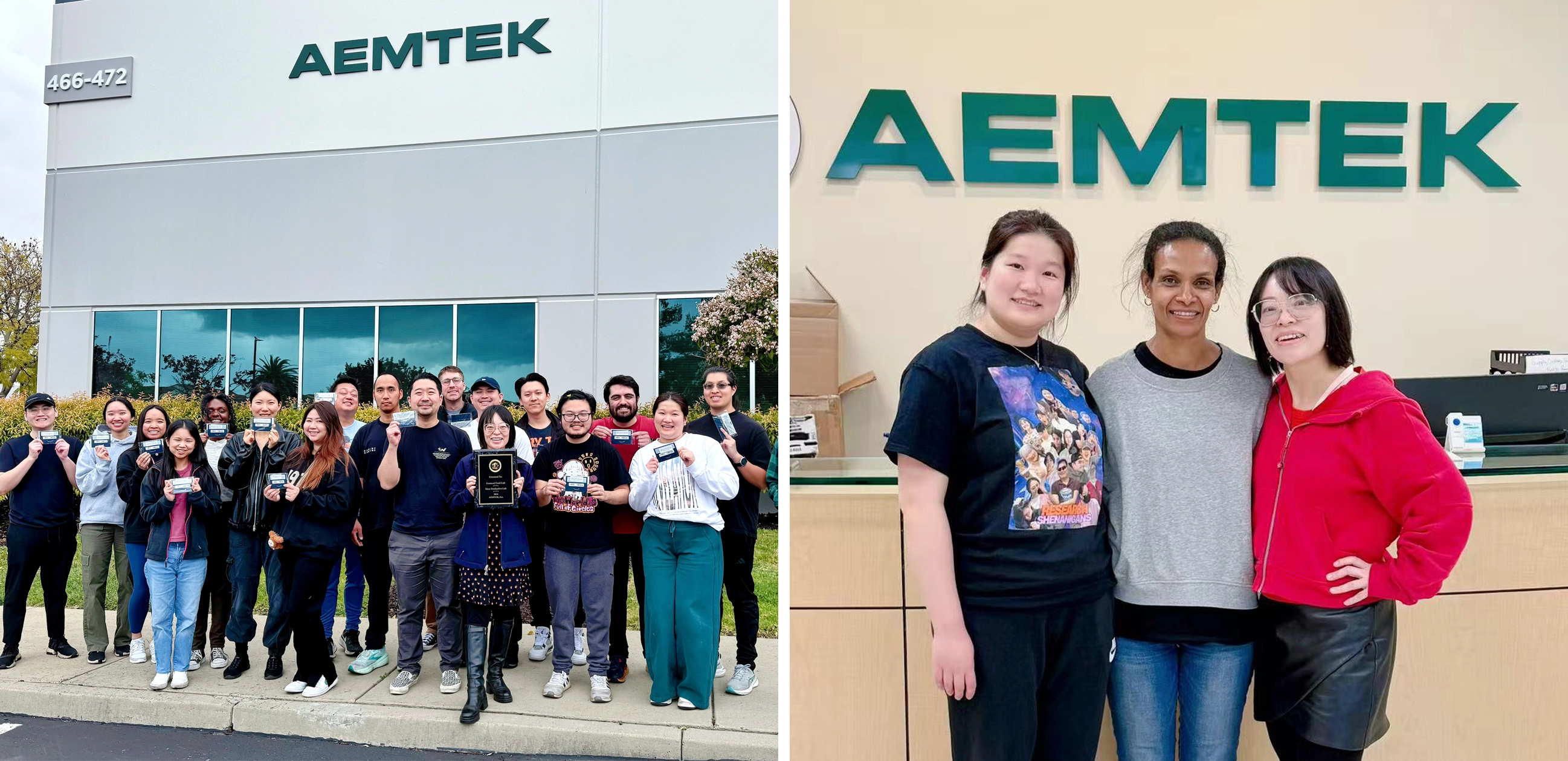 Photos: Left: Alyssa Pringler, fifth from the left. Right: Samrawit Kahsay (center) with Dr. Feifei Han (right) and a lab technician (left). Six undergraduate students studying Biological Sciences at Cal State East Bay have recently secured interns