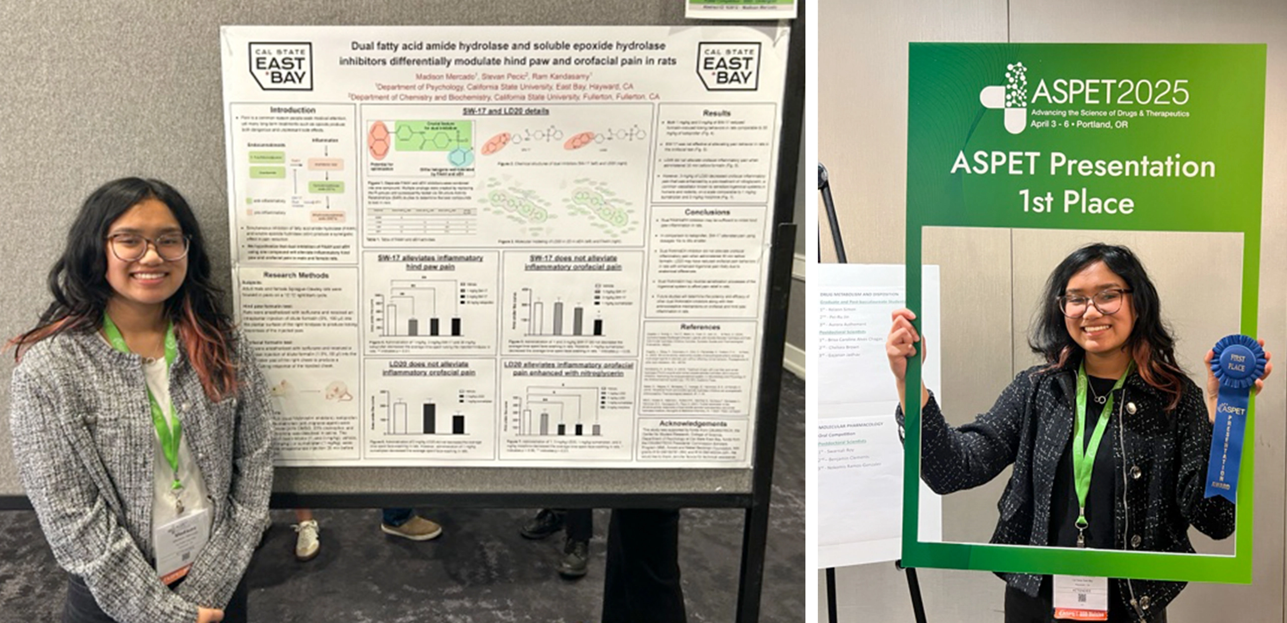 Photos of Madison Mercado with her poster presentation and with her first place blue ribbon
