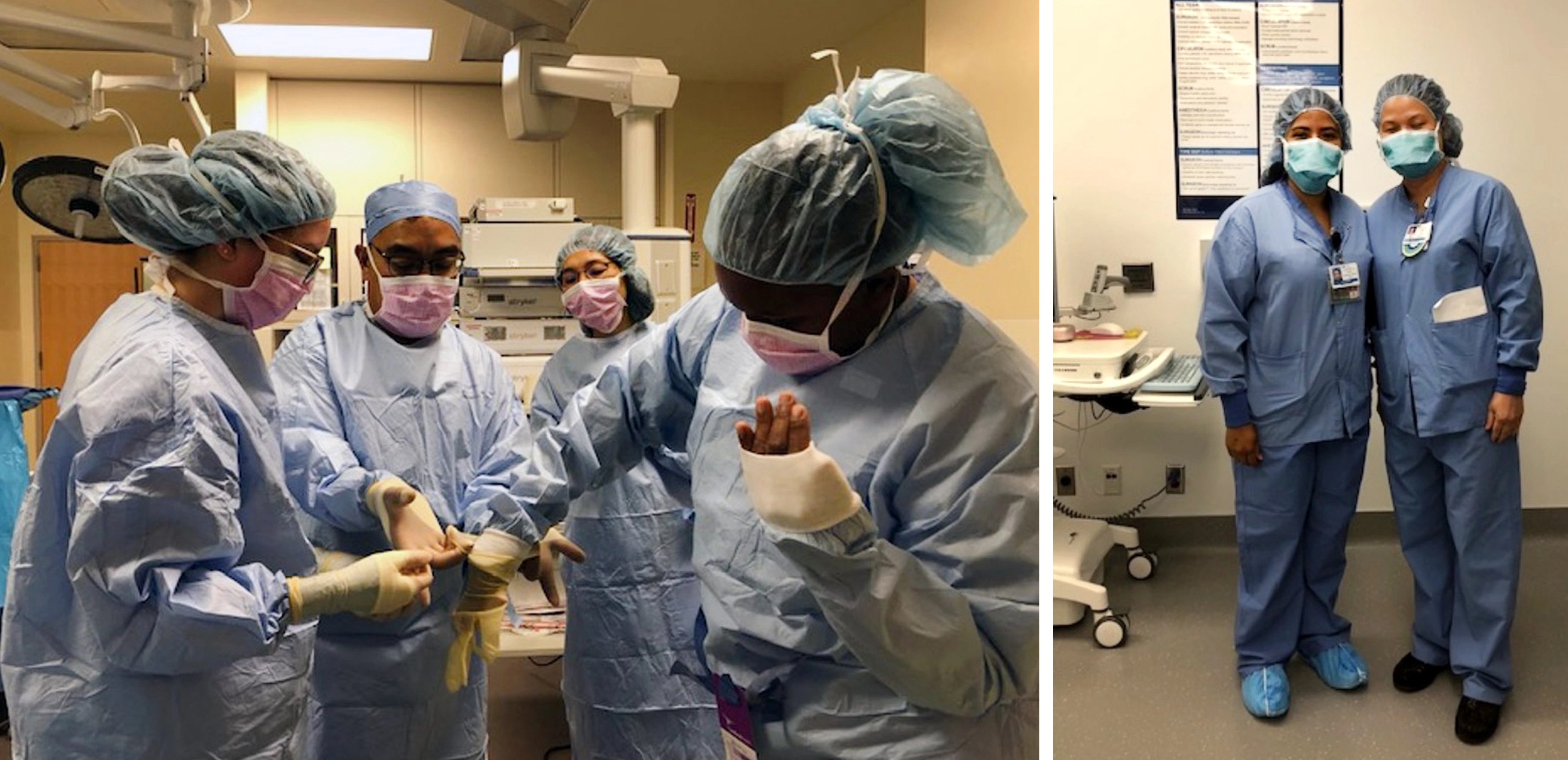 photo of interns putting on gloves in operating room