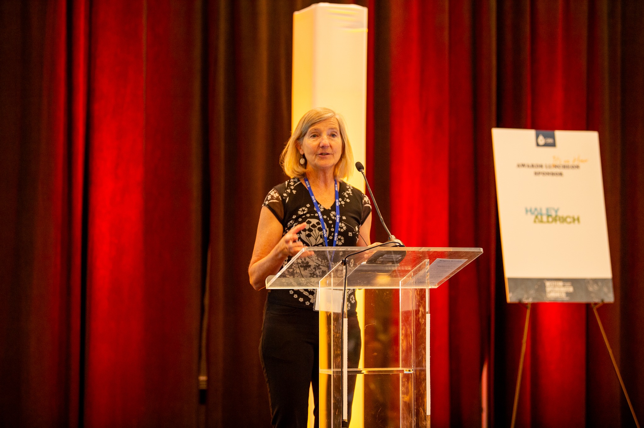 Jean Moran speaking on a stage at a podium in front of a red curtain after receiving the award at the Groundwater Resources Association