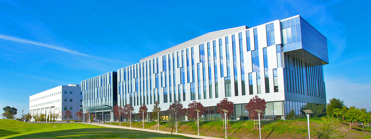 Exterior view of the Student Services and Administration building, surrounded by landscaped lawns, young trees, and a bright blue sky.