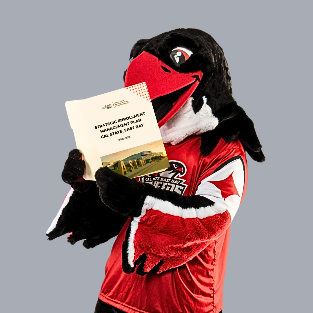 Cal State East Bay mascot, Perry holding the Strategic Enrollment Management Plan document.