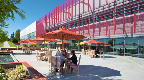 Students enjoying patio at the Recreation and Wellness Center